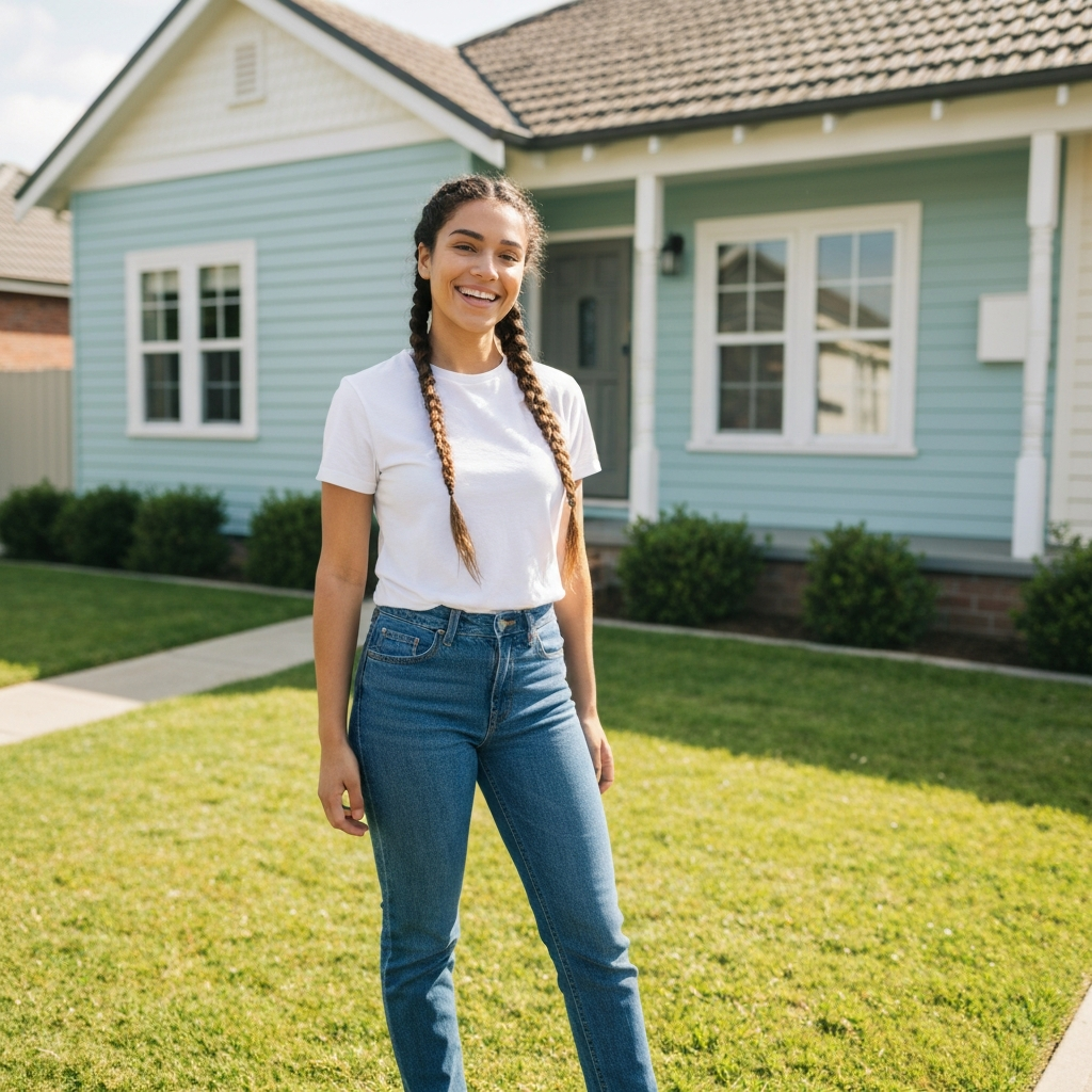 Relieved homeowner standing in front of their home after a successful sale