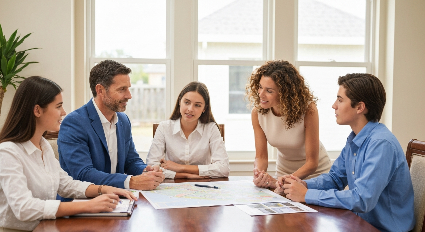 Strategic family discussion on real estate safety and buyer verification in suburban dining room