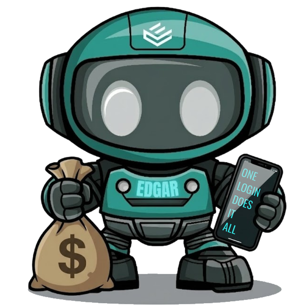 EDGAR — Automated Knife Life mascot holding money bag and phone with 'One login does it all'