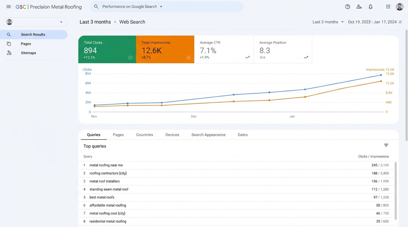 Google Search Console showing 12.6K impressions and ranking for metal roofing keywords