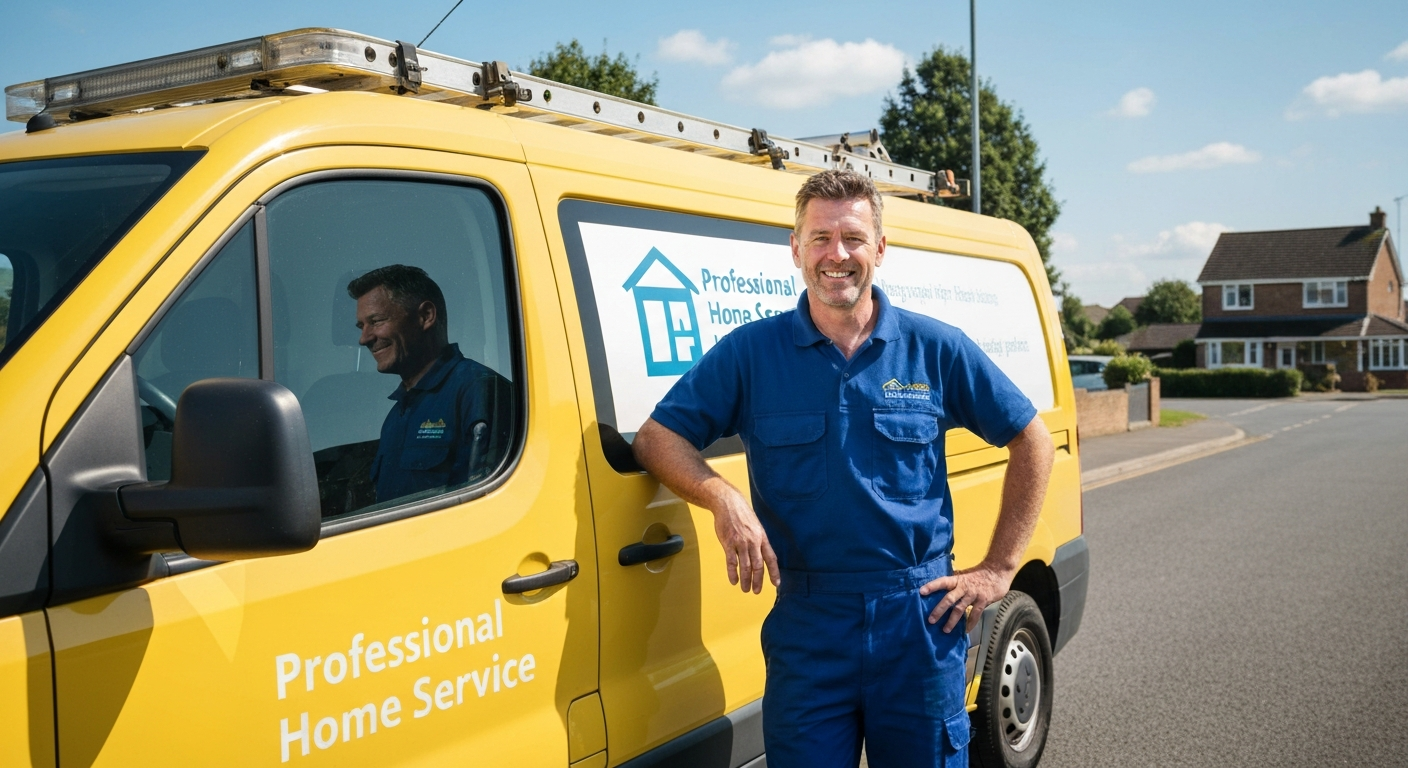 Smiling tradesman next to branded van with personalized sign