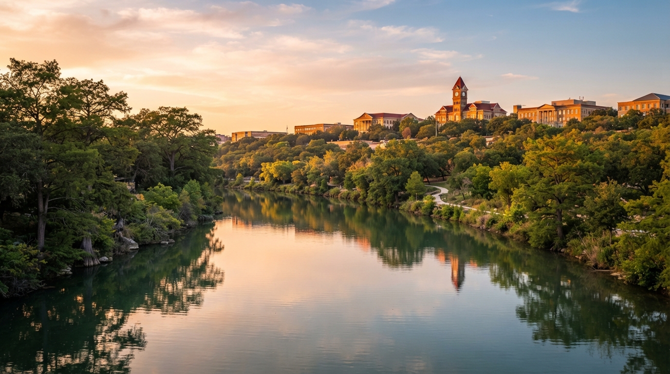San Marcos, Texas River waterfront with Texas State University campus at golden hour