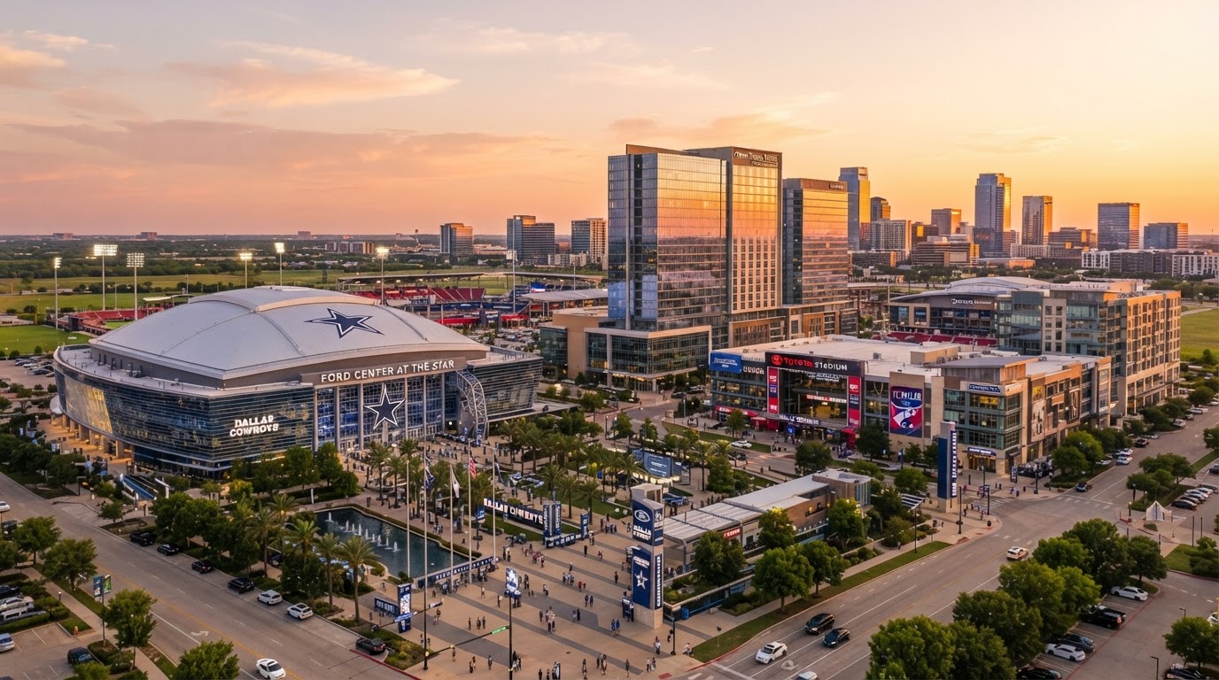 Frisco sports and corporate district with modern event venues at golden hour