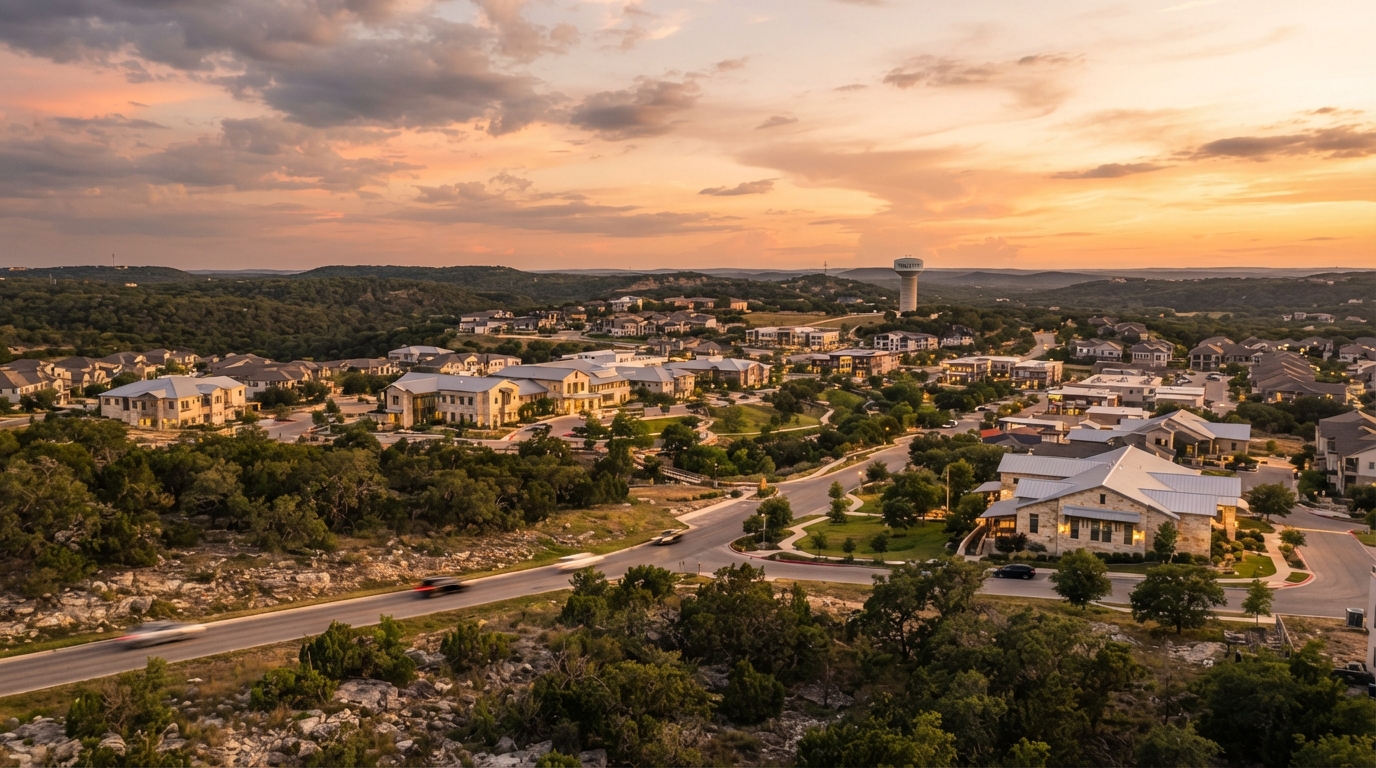 Helotes, Texas suburban Hill Country community at golden hour