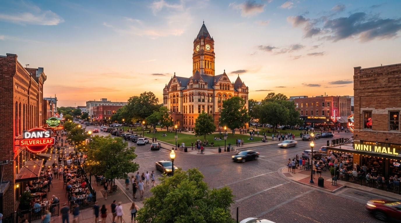 Denton historic downtown square with courthouse and live music venues at golden hour