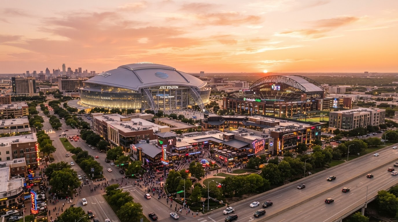 Arlington entertainment district with AT&T Stadium and event venues at golden hour