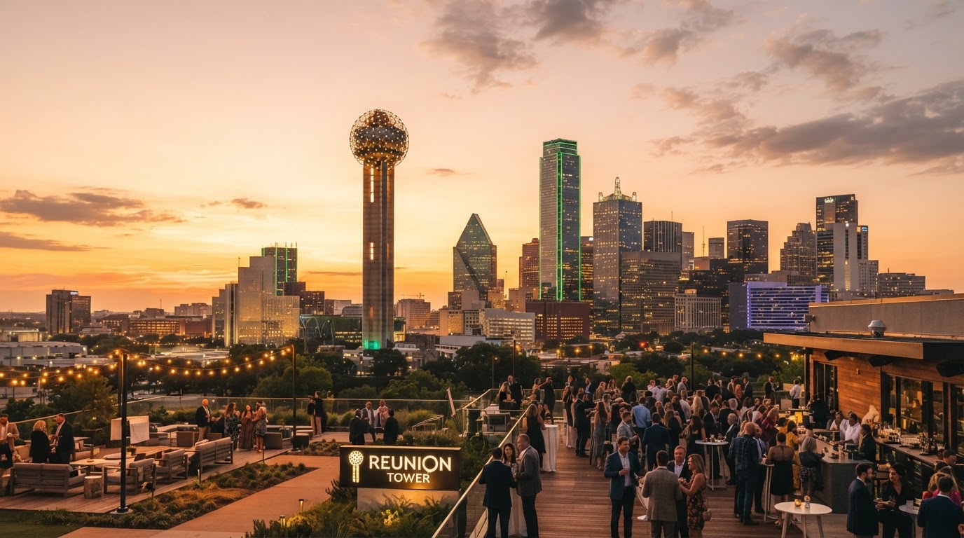 Dallas Reunion Tower and downtown skyline at golden hour