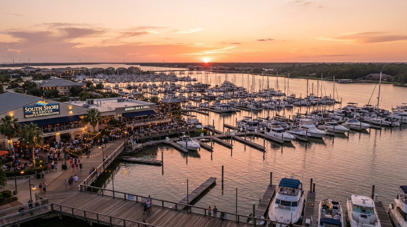 League City Clear Lake waterfront with marina and event venues at golden hour
