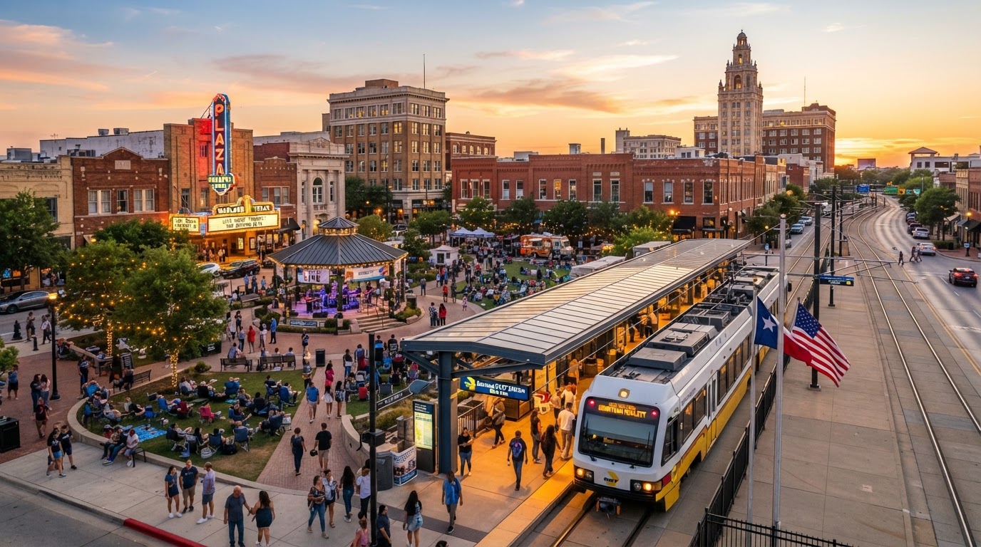 Garland downtown district with DART station and community event spaces at golden hour