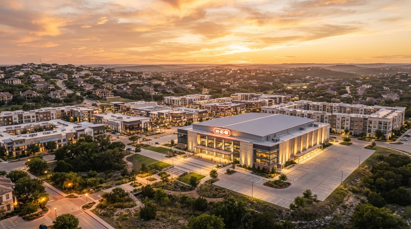 Cedar Park, Texas H-E-B Center arena district at golden hour