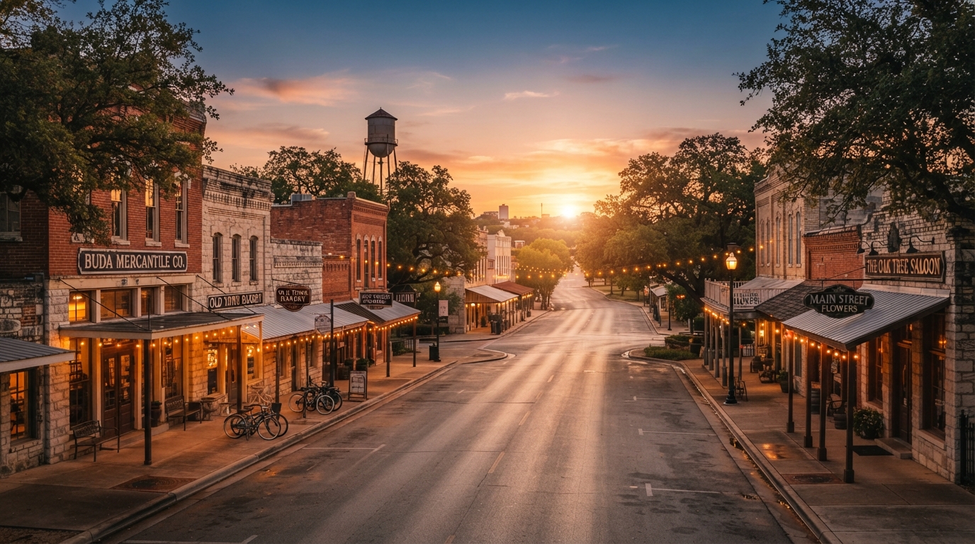 Buda, Texas historic downtown Main Street at golden hour