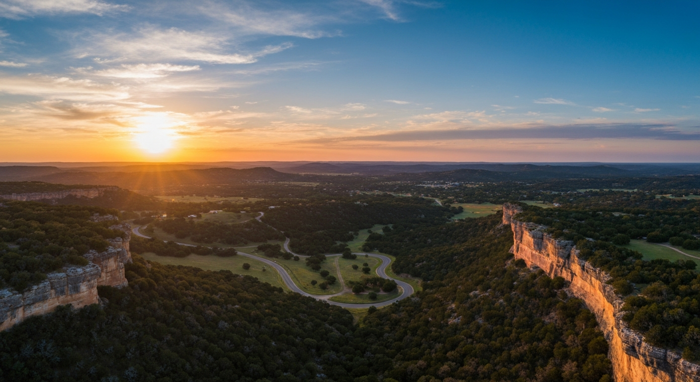 Texas Hill Country landscape with rolling hills and oak trees, perfect for outdoor weddings