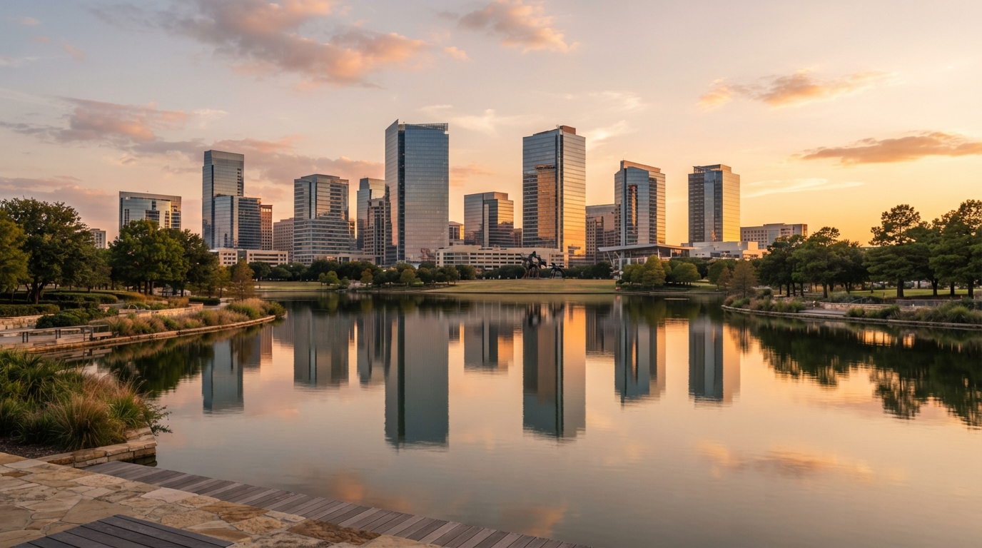 Irving, Texas Las Colinas urban district with lake reflections at golden hour