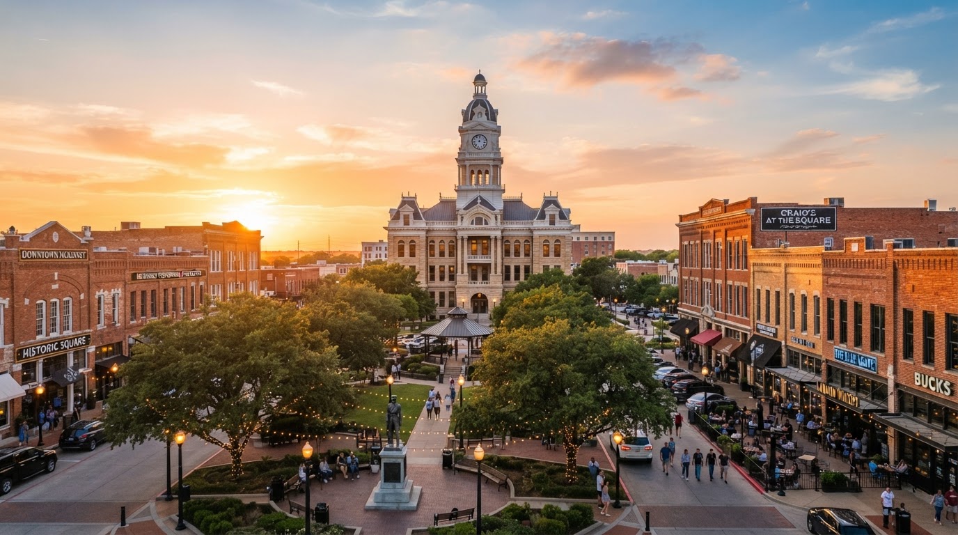 McKinney historic downtown square with charming brick buildings at golden hour