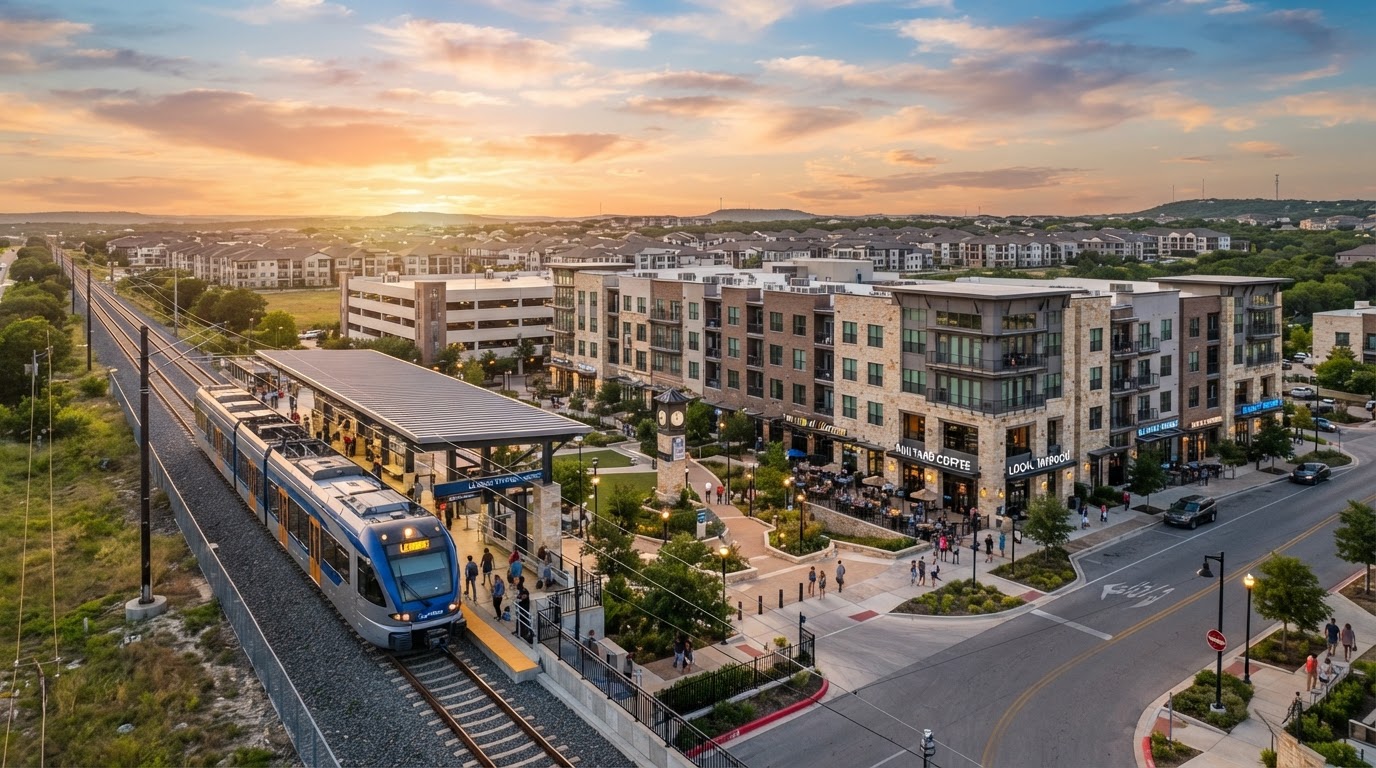 Leander MetroRail transit-oriented downtown district at golden hour