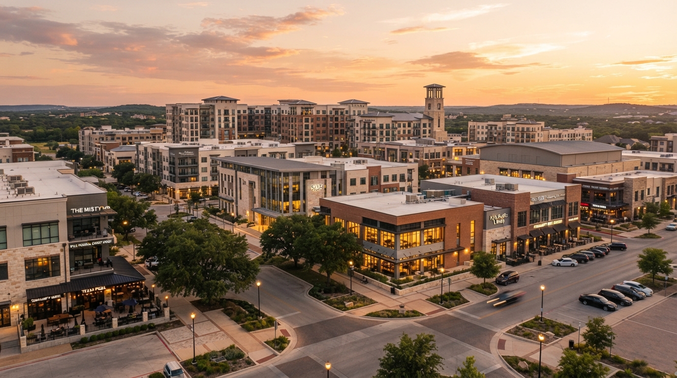 Kyle, Texas fast-growing suburban downtown district at golden hour