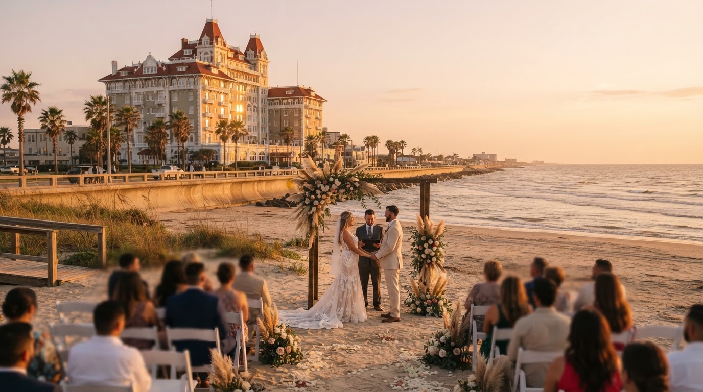 Galveston beachfront historic venue at golden hour