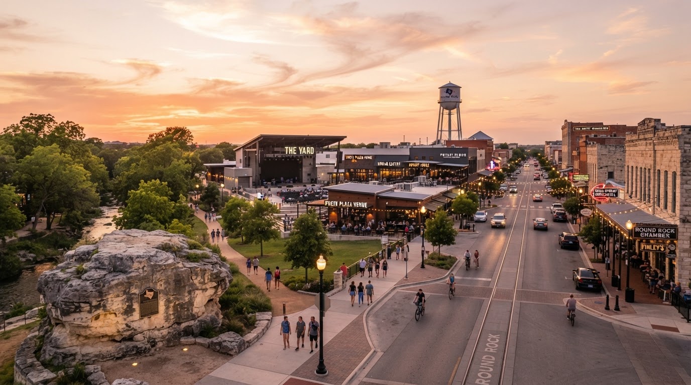 Round Rock historic downtown district with modern suburban event venues at golden hour