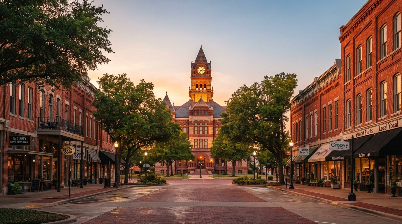 McKinney, Texas historic downtown square at golden hour