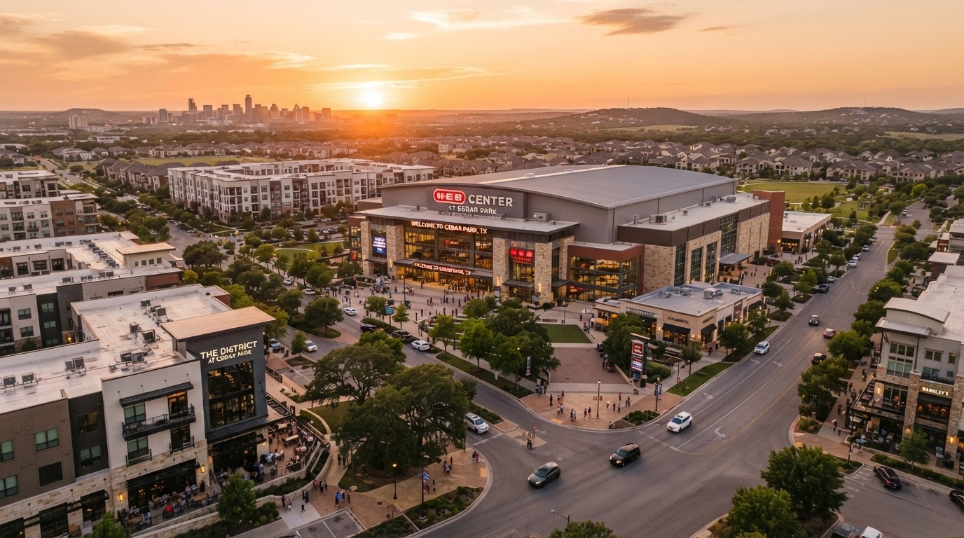Cedar Park H-E-B Center arena and upscale suburban district at golden hour