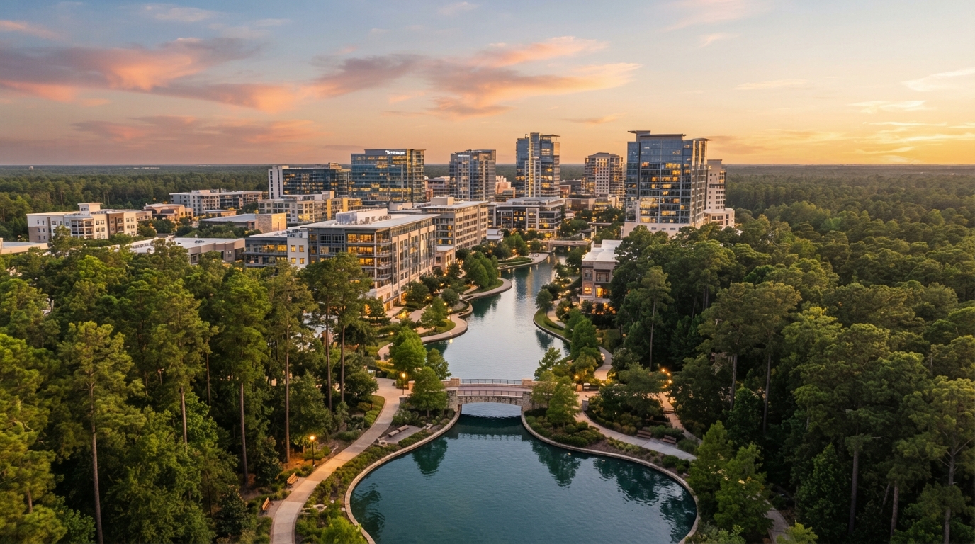 The Woodlands, Texas Waterway district with office towers and pine trees at golden hour