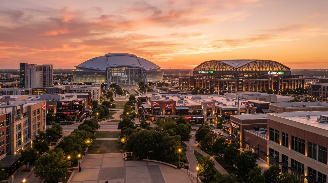 Arlington, Texas entertainment district with AT&T Stadium at golden hour