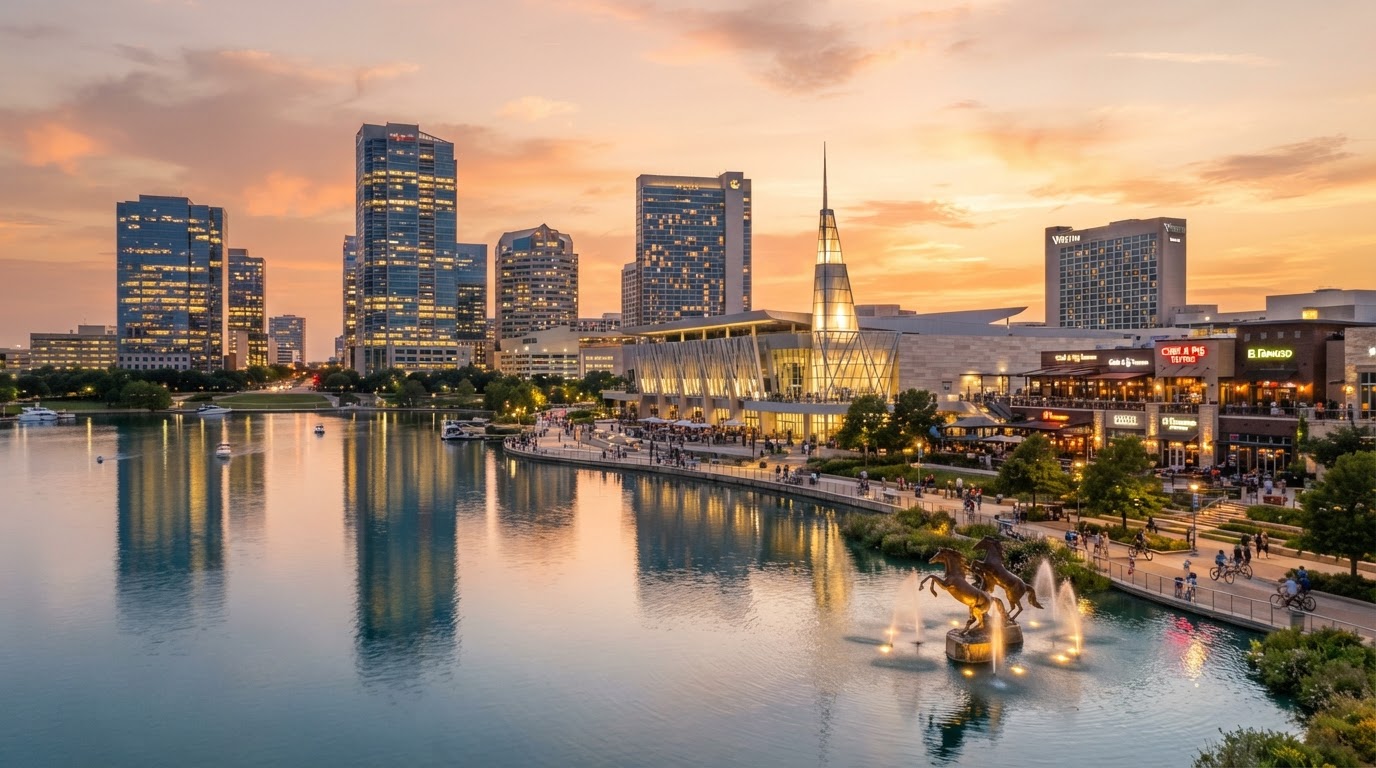 Irving Las Colinas urban district with lake reflections at golden hour
