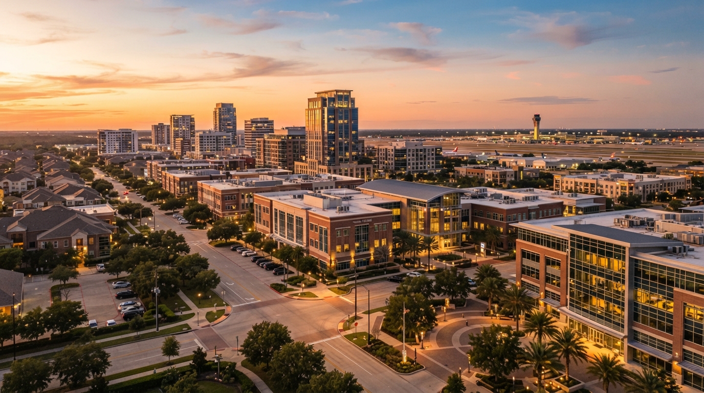 Humble, Texas suburban downtown district near the airport at golden hour