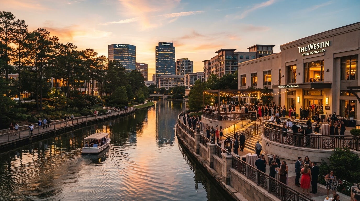 The Woodlands Waterway district with waterfront venue at golden hour