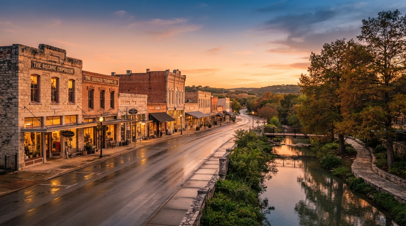 Boerne, Texas historic downtown Main Street with Cibolo Creek at golden hour