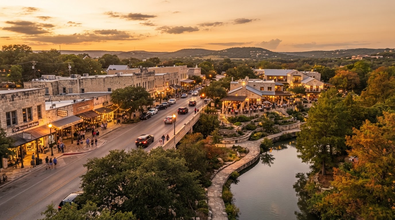 Boerne historic downtown Main Street with Cibolo Creek at golden hour