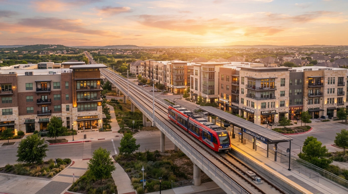 Leander, Texas MetroRail transit-oriented downtown district at golden hour