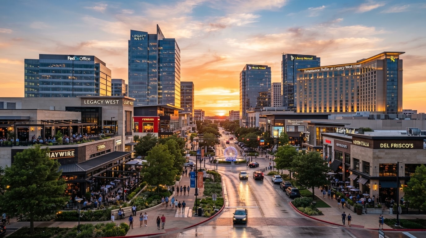 Plano Legacy West downtown district with upscale corporate buildings at golden hour