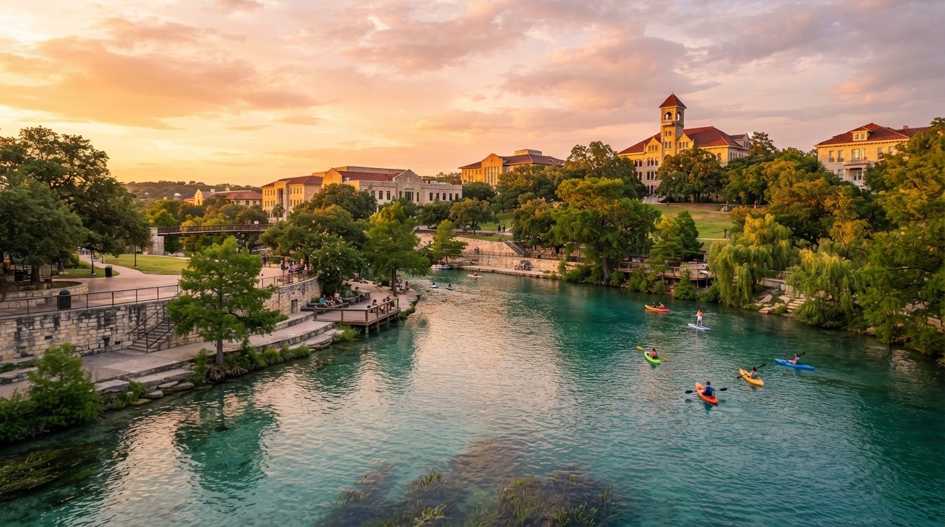 San Marcos River waterfront with Texas State University campus buildings at golden hour