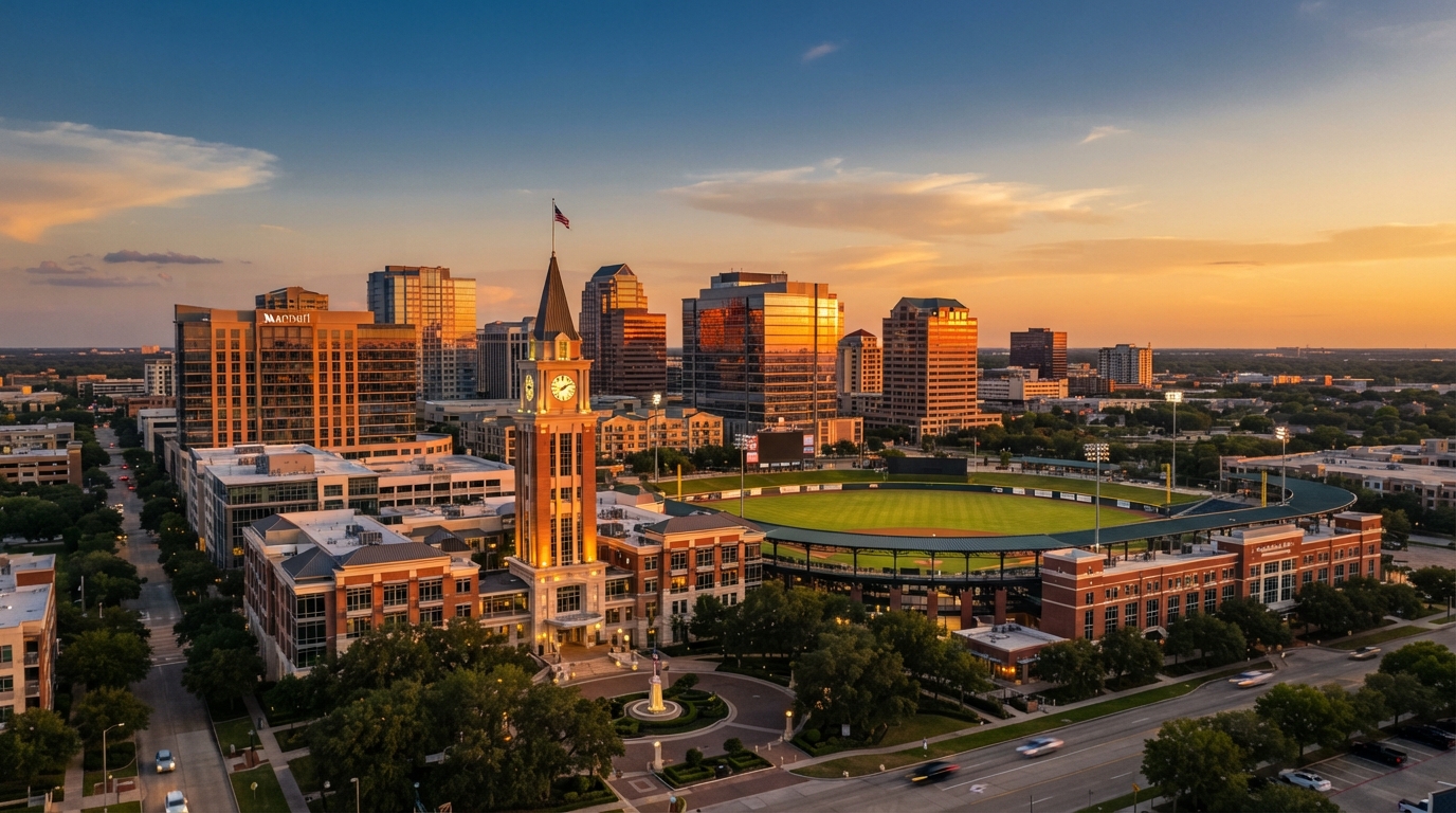 Sugar Land, Texas Town Square and Constellation Field area at golden hour