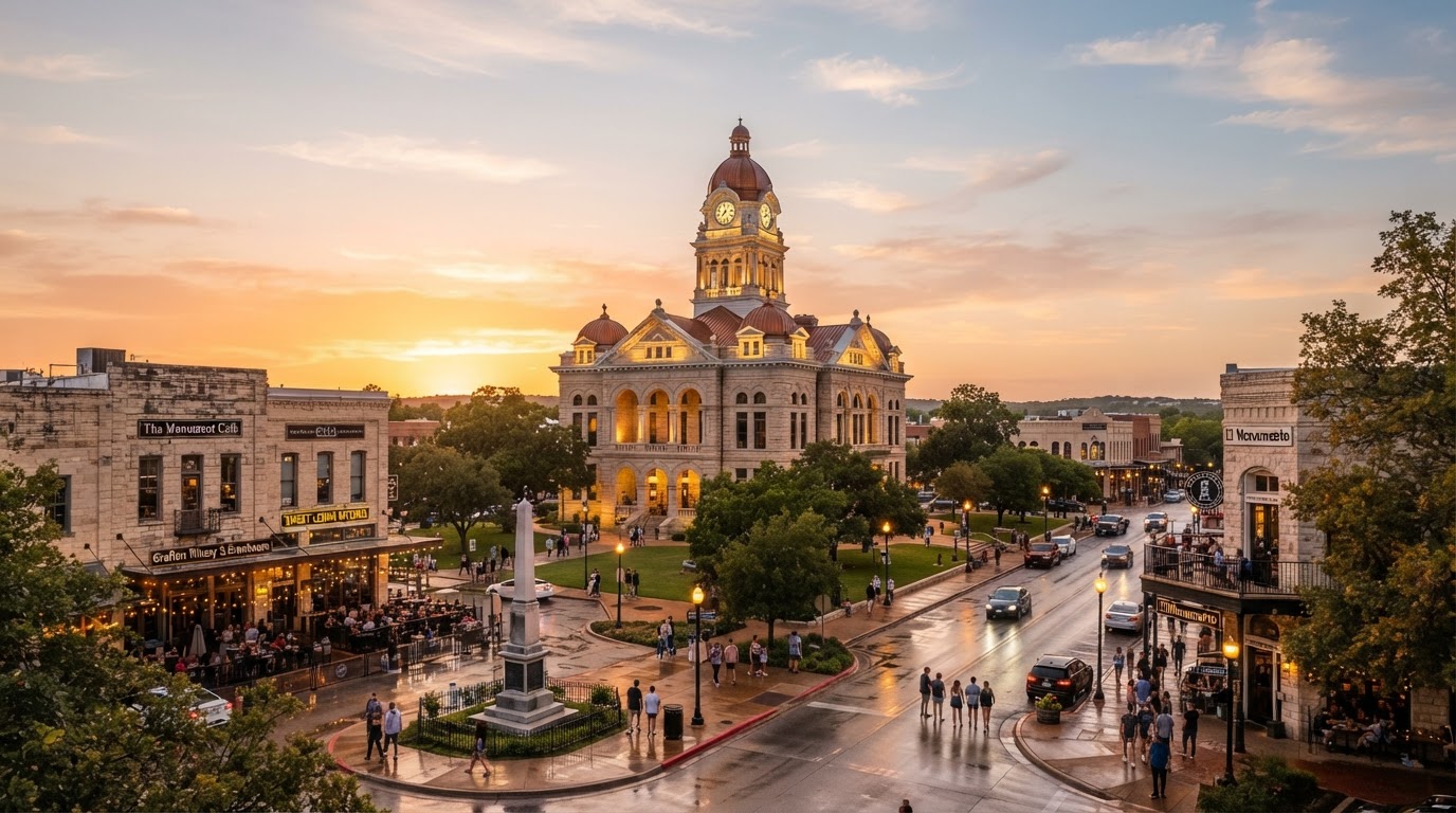Georgetown historic town square with Williamson County Courthouse at golden hour