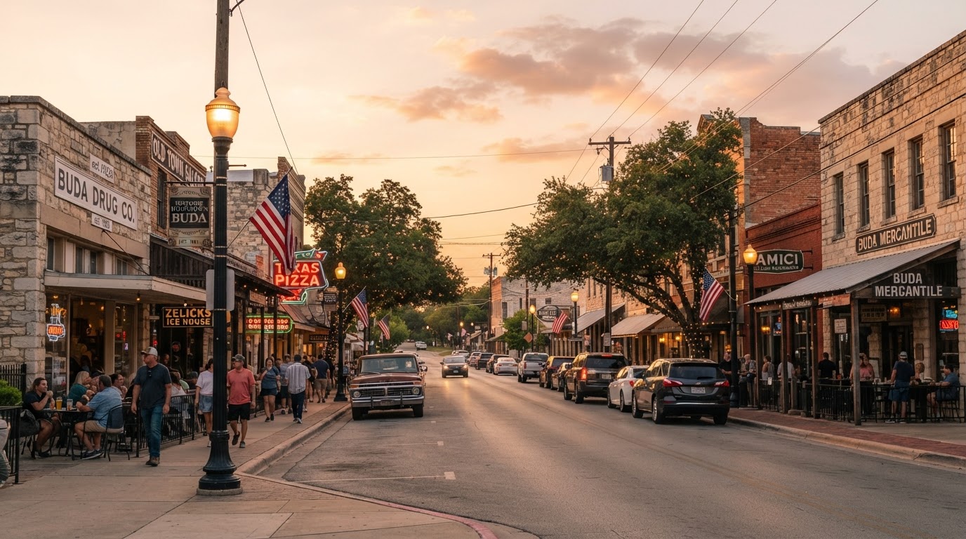 Buda historic downtown Main Street with charming small-town Texas buildings at golden hour