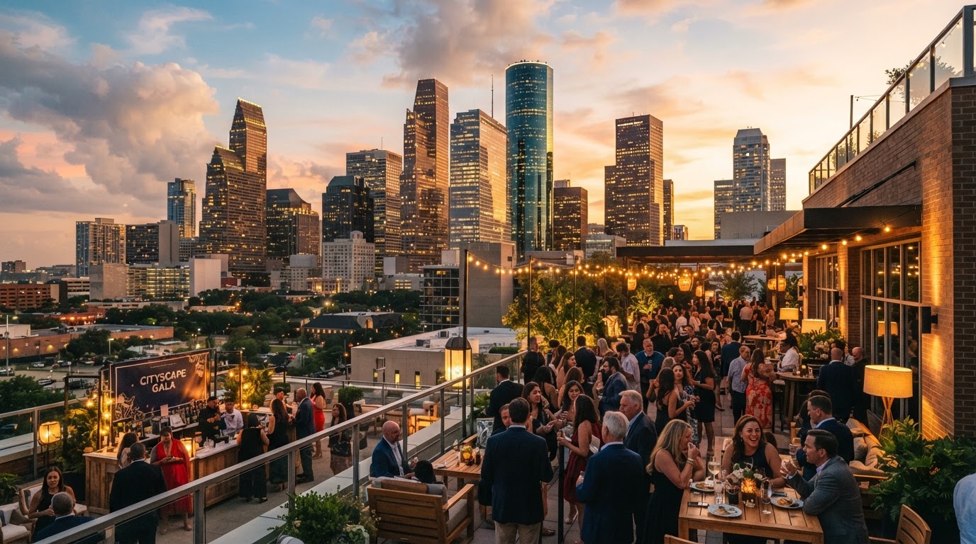 Houston downtown skyline at golden hour with modern skyscrapers