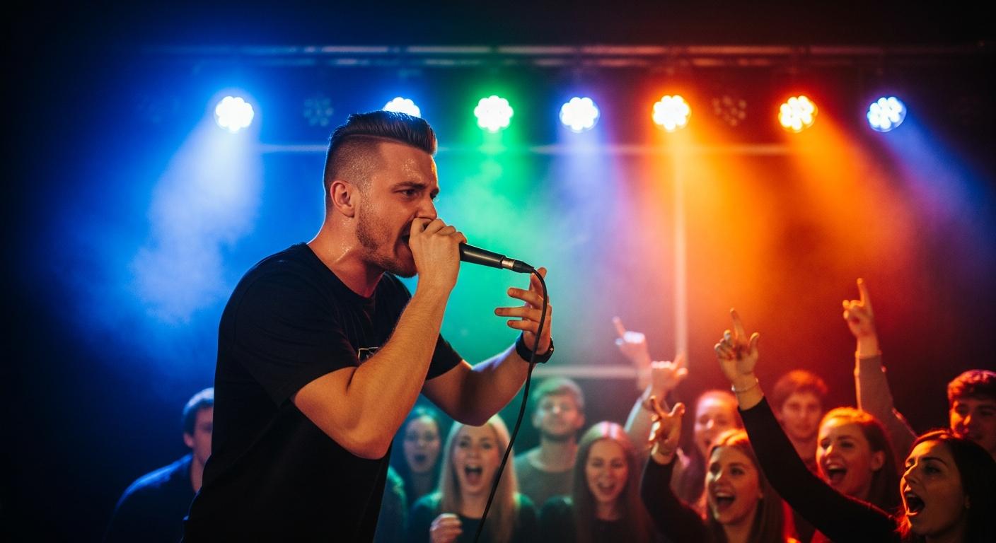 Energetic 90s hip-hop karaoke performance