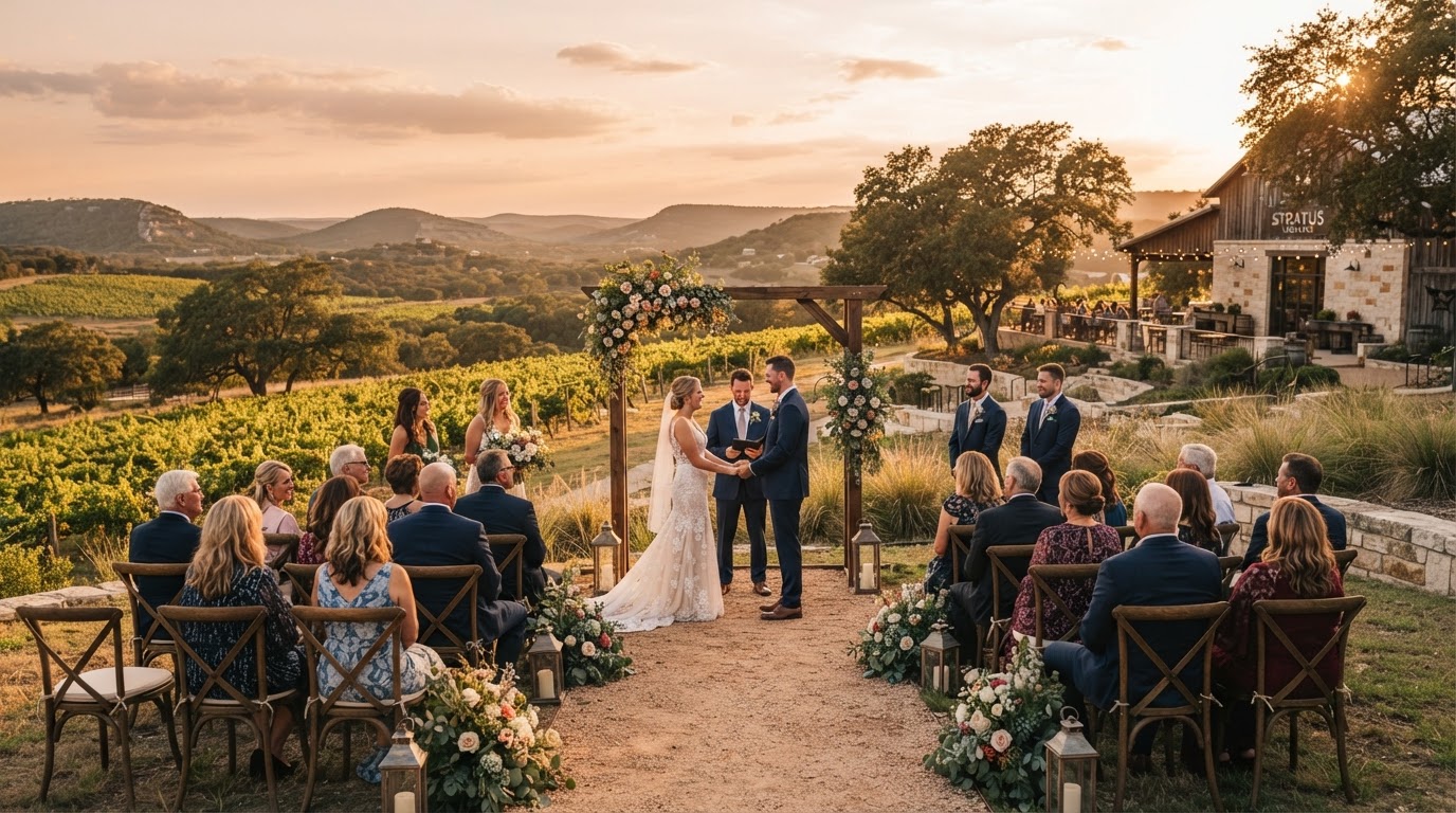 Dripping Springs Hill Country vineyard wedding venue at golden hour