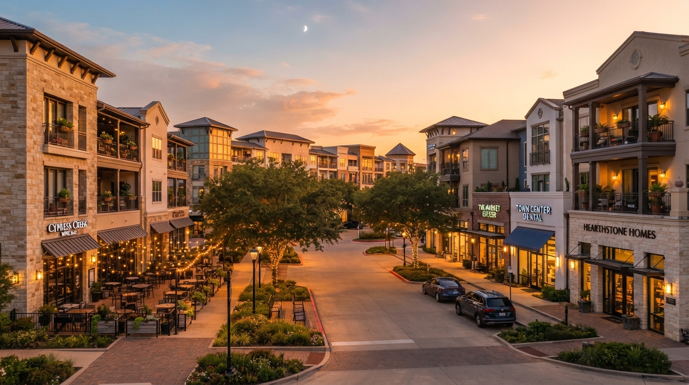 Spring, Texas Town Center district at golden hour