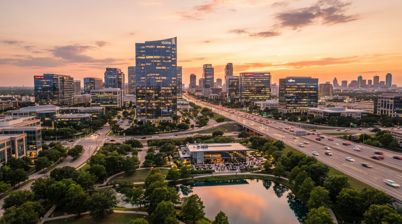 Richardson Telecom Corridor with modern office towers at golden hour