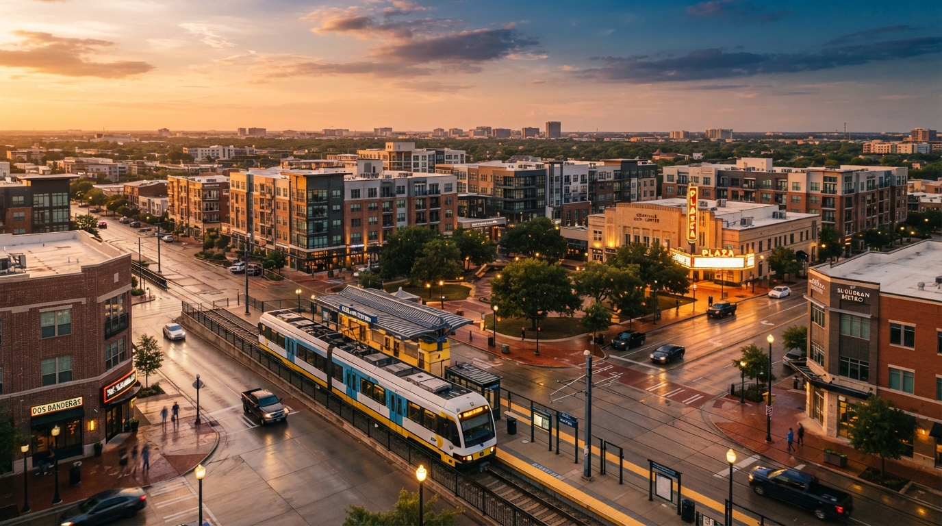 Garland, Texas downtown district with DART station at golden hour
