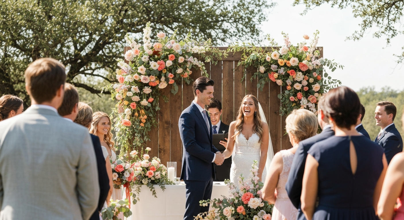 Beautiful outdoor wedding ceremony setup in Texas Hill Country