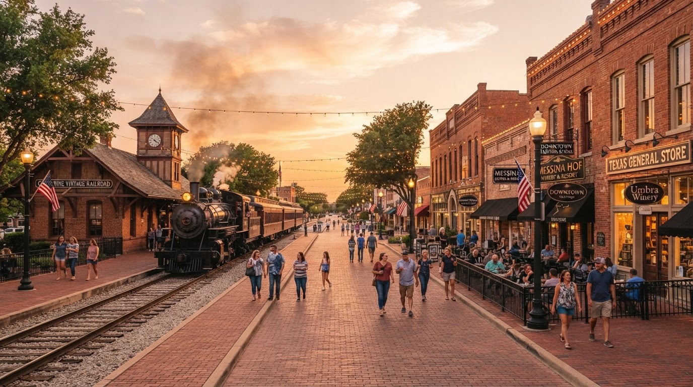 Grapevine historic Main Street district with vintage railroad at golden hour