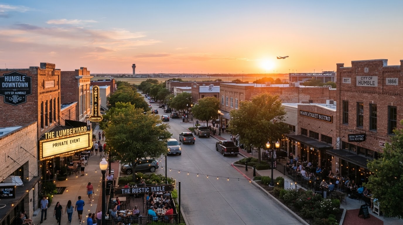 Humble suburban downtown district near the airport at golden hour