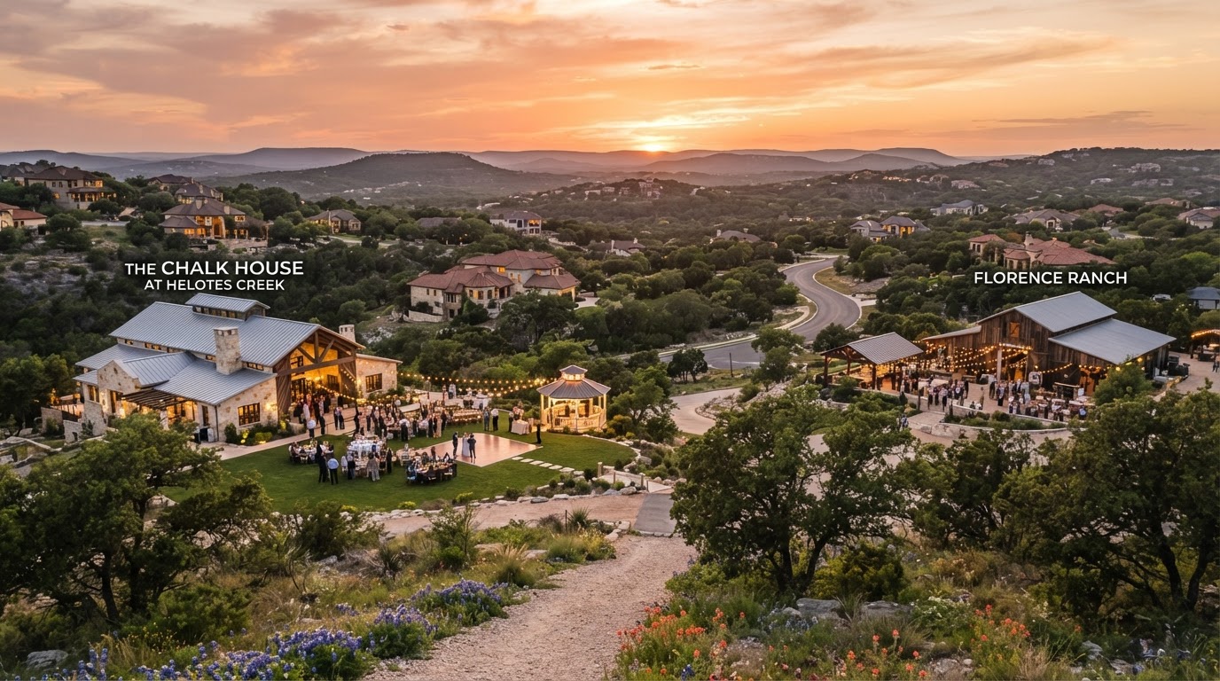 Helotes suburban Hill Country community with event venues at golden hour