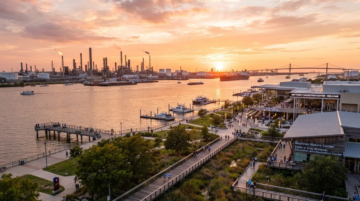 Baytown waterfront along Galveston Bay at golden hour