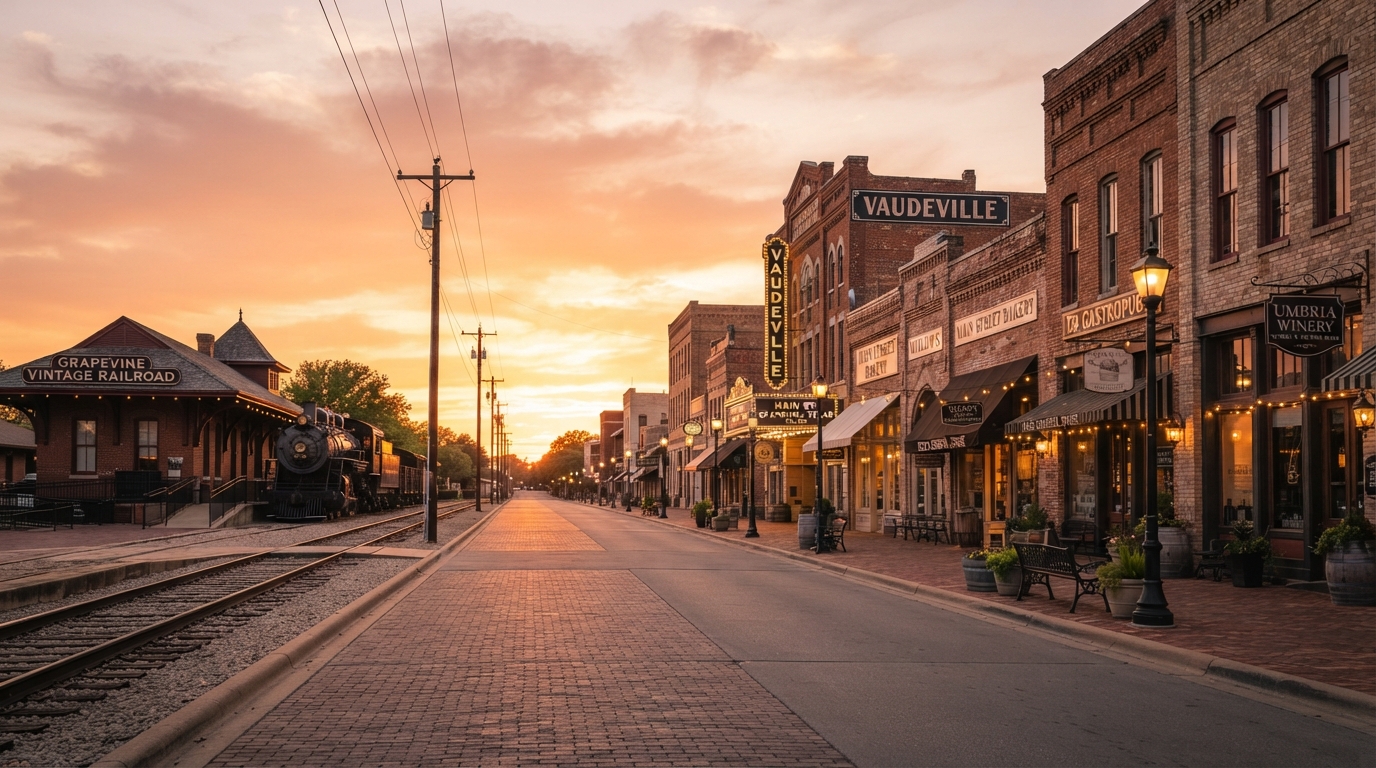 Grapevine, Texas historic Main Street district with vintage railroad at golden hour