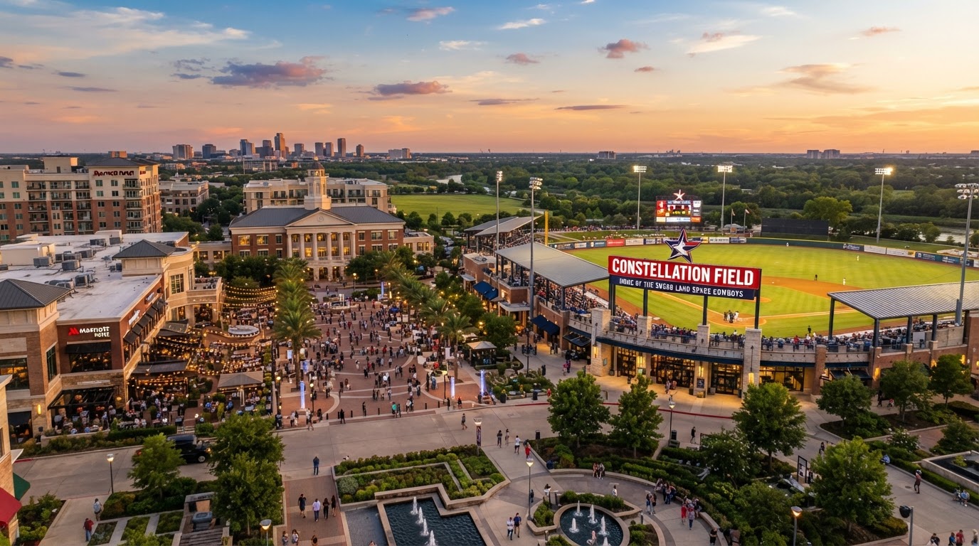 Sugar Land Town Square and Constellation Field area at golden hour